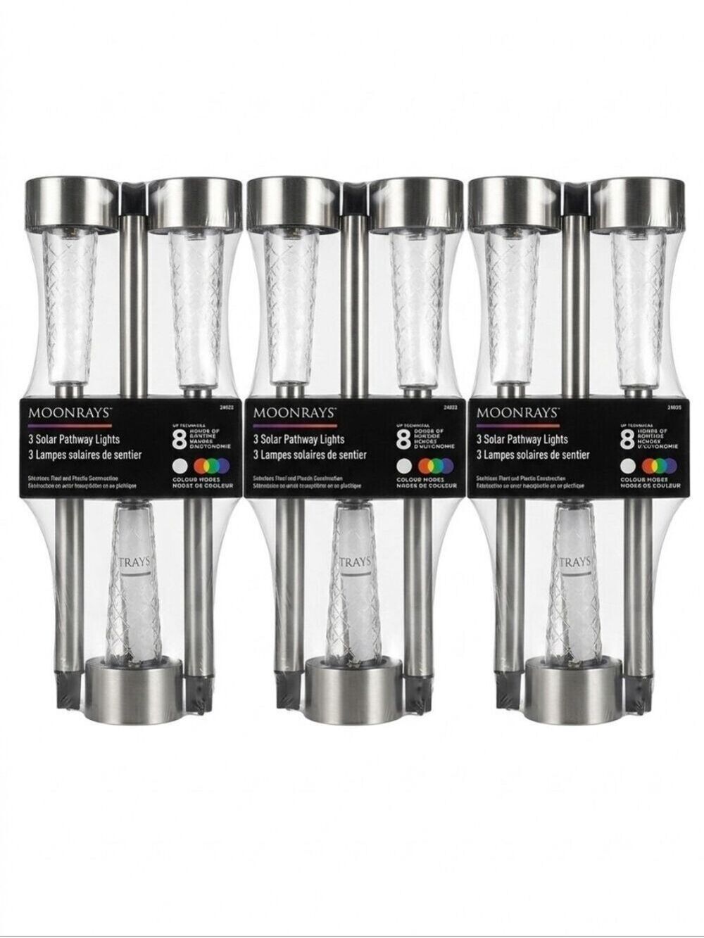 3 × 3-Pack Stainless Steel White/Colour Solar LED Stake Lights, 9 Stakes Total